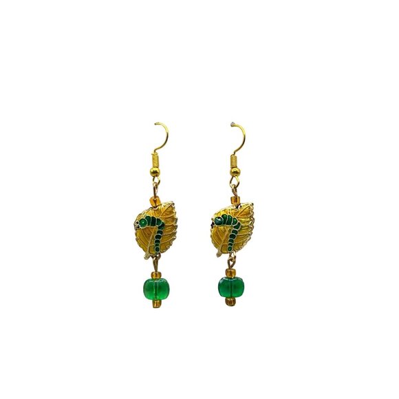 Vintage Enamel Caterpillar on Golden Leaf Dangle Earrings with Bead Accents - Picture 1 of 7